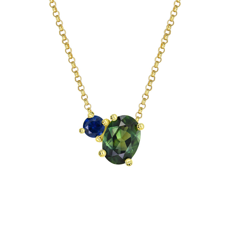 Toi Et Moi 9ct Yellow Gold Australian Teal Sapphire Necklace - Melbourne Jewellers