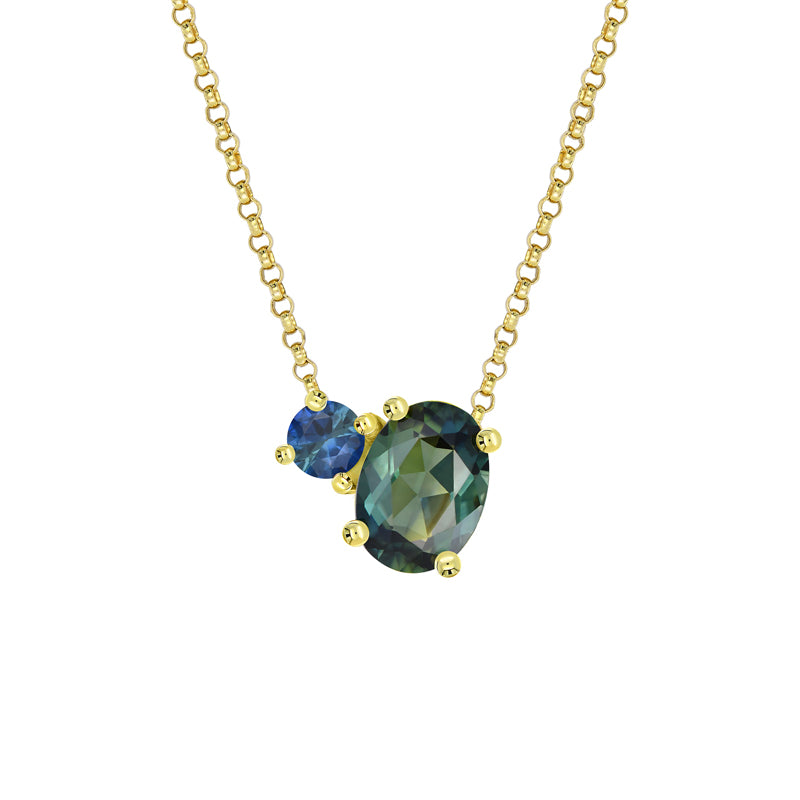 Toi Et Moi 9ct Yellow Gold Australian Teal Sapphire Necklace - Melbourne Jewellers