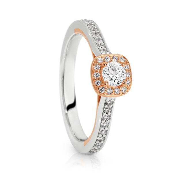 18ct rose and white gold engagement ring with a dazzling Argyle white diamond, showcasing elegance and sophistication.